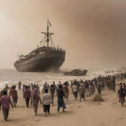 Villagers frantically scramble toward the nearby coast, boarding a waiting ship in a desperate bid to escape the ravaging sandstorm that's left their home in ruins.