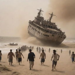 Villagers frantically scramble toward the nearby coast, boarding a waiting ship in a desperate bid to escape the ravaging sandstorm that's left their home in ruins.