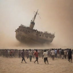 Villagers frantically scramble toward the nearby coast, boarding a waiting ship in a desperate bid to escape the ravaging sandstorm that's left their home in ruins.