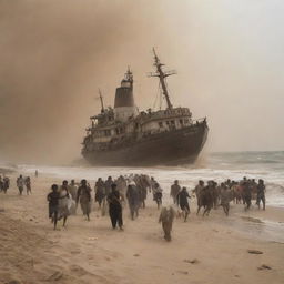 Villagers frantically scramble toward the nearby coast, boarding a waiting ship in a desperate bid to escape the ravaging sandstorm that's left their home in ruins.