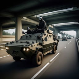 One state-of-the-art armored military vehicle forging ahead on a freeway, followed by twelve kidnappers decked in skeleton face masks and normal bullet-proof vests.