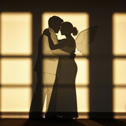 A visually striking image of the shadow of a man and a woman embracing on a wall