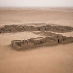 The quaint village, once standing proud in the middle of the desert, now reduced to mere wreckage, with every mud-brick home destroyed beyond recognition under the catastrophic sandstorm.