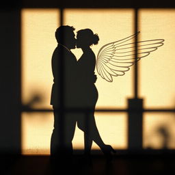 A visually striking image of the shadow of a man and a woman embracing on a wall