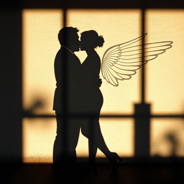 A visually striking image of the shadow of a man and a woman embracing on a wall