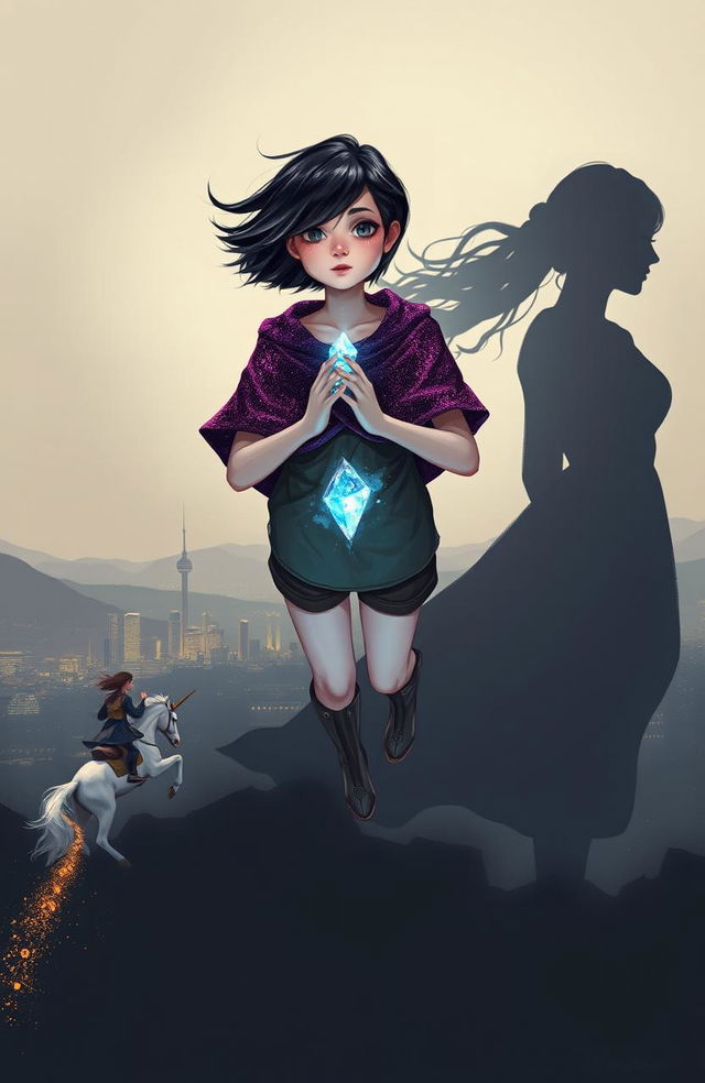 An acrylic painting in a 2D MG fantasy style featuring a teenage girl with short black hair waving in the wind