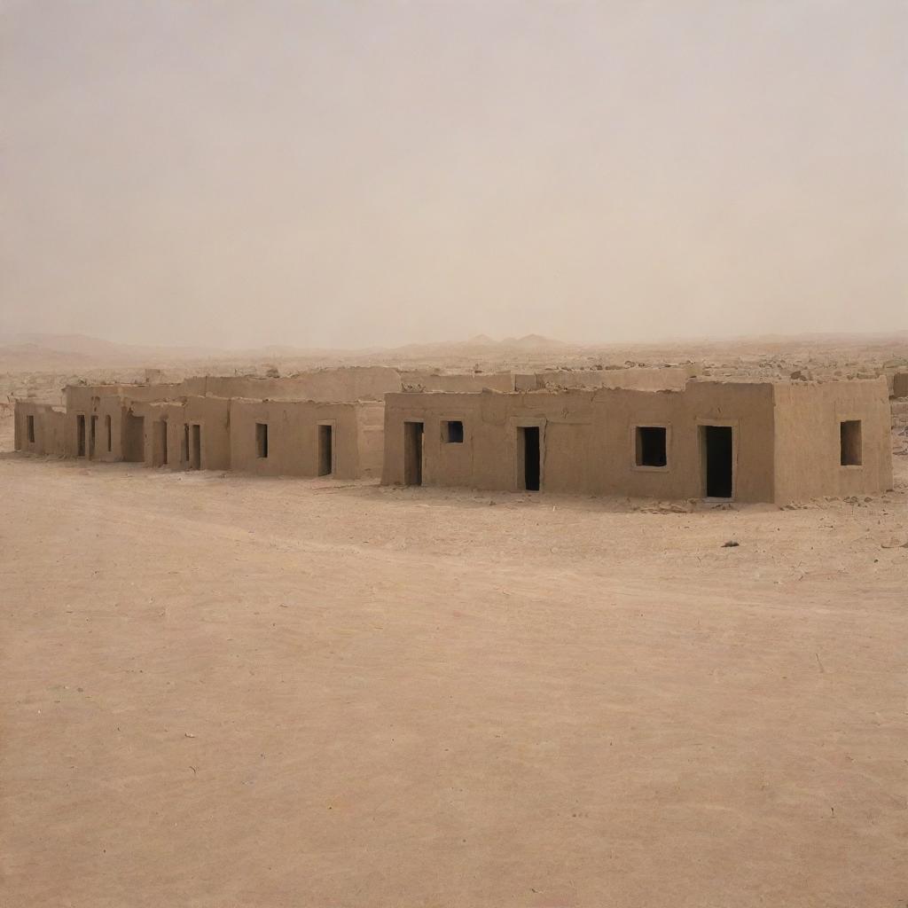 The quaint village, once standing proud in the middle of the desert, now reduced to mere wreckage, with every mud-brick home destroyed beyond recognition under the catastrophic sandstorm.