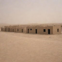 The quaint village, once standing proud in the middle of the desert, now reduced to mere wreckage, with every mud-brick home destroyed beyond recognition under the catastrophic sandstorm.