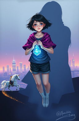 An acrylic painting in a 2D MG fantasy style featuring a teenage girl with short black hair waving in the wind
