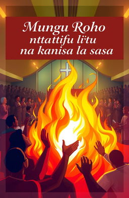 A vibrant and dynamic image depicting a scene of intense spiritual fervor, centered around flames symbolizing the Holy Spirit