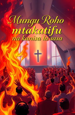 A vibrant and dynamic image depicting a scene of intense spiritual fervor, centered around flames symbolizing the Holy Spirit