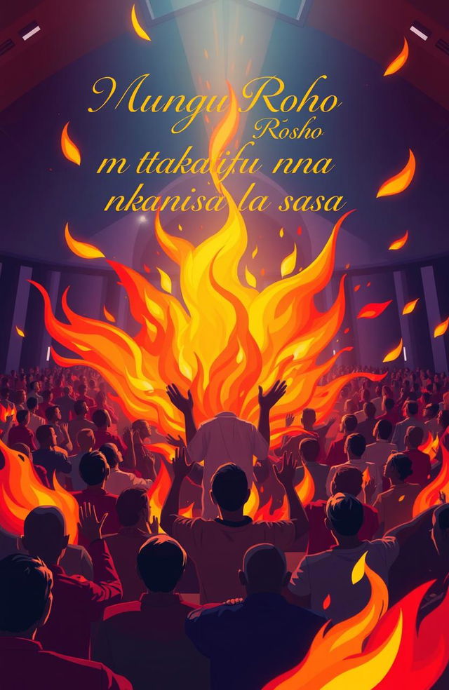 A vibrant and dynamic image depicting a scene of intense spiritual fervor, centered around flames symbolizing the Holy Spirit