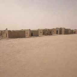 The quaint village, once standing proud in the middle of the desert, now reduced to mere wreckage, with every mud-brick home destroyed beyond recognition under the catastrophic sandstorm.