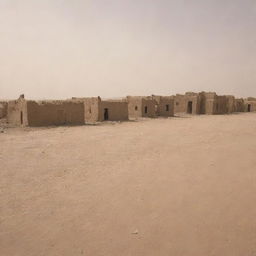 The quaint village, once standing proud in the middle of the desert, now reduced to mere wreckage, with every mud-brick home destroyed beyond recognition under the catastrophic sandstorm.