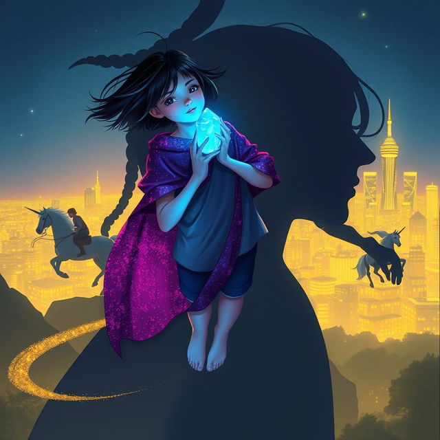 An acrylic painting in a 2D MG fantasy style featuring a teenage girl with short black hair waving in the wind