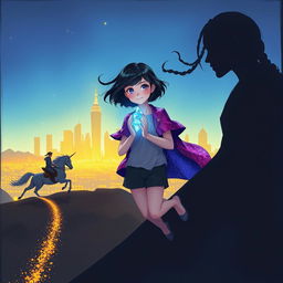 An acrylic painting in a 2D MG fantasy style featuring a teenage girl with short black hair waving in the wind