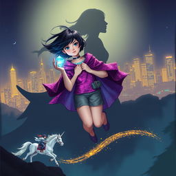 An acrylic painting in a 2D MG fantasy style featuring a teenage girl with short black hair waving in the wind