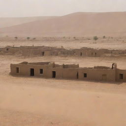 The quaint village, once standing proud in the middle of the desert, now reduced to mere wreckage, with every mud-brick home destroyed beyond recognition under the catastrophic sandstorm.