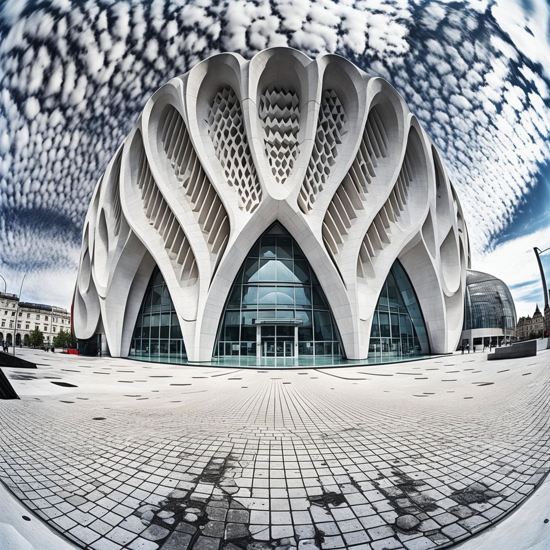 A Zaha Hadid-inspired futuristic civic building made of curved white concrete with a honeycomb facade in a city square, captured with a fisheye lens. The sun casts intriguing shadows on the cobbled pavement and plays off the undulating form of the building. Camera set to manual mode, f/8, ISO 200.