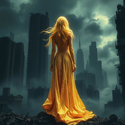 A dystopian landscape filled with crumbling skyscrapers, dark, cloudy skies, and an atmosphere of decay, creating a dramatic backdrop
