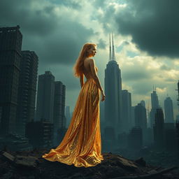 A dystopian landscape filled with crumbling skyscrapers, dark, cloudy skies, and an atmosphere of decay, creating a dramatic backdrop