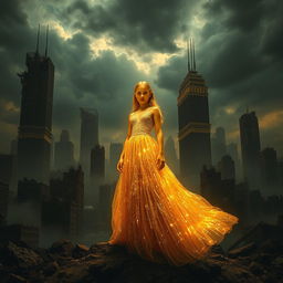 A dystopian landscape filled with crumbling skyscrapers, dark, cloudy skies, and an atmosphere of decay, creating a dramatic backdrop