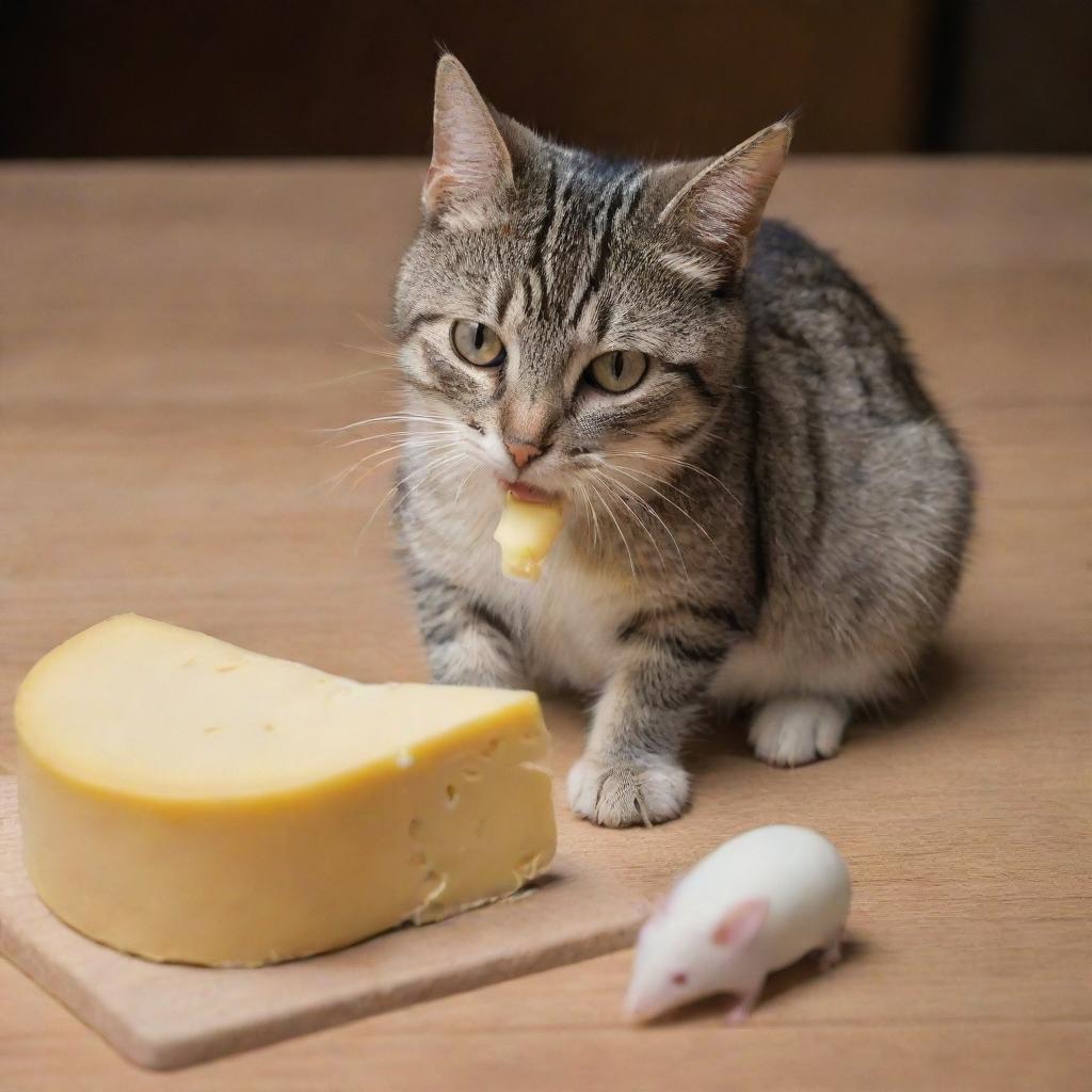 A humorously depicted scene of a cat eating cheese while a tiny mouse carefully touches the cat's eye.