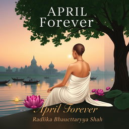 A book cover design set during dusk, featuring a slim woman with a tonsured head, sitting under a large tree along the banks of the Ganges river