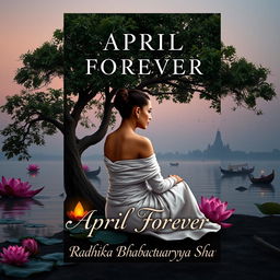A book cover design set during dusk, featuring a slim woman with a tonsured head, sitting under a large tree along the banks of the Ganges river