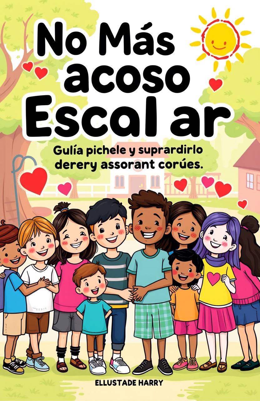 A colorful and engaging illustrated guide cover with the title "No Más Acoso Escolar: Guía para Entenderlo y Superarlo" prominently displayed in bold letters