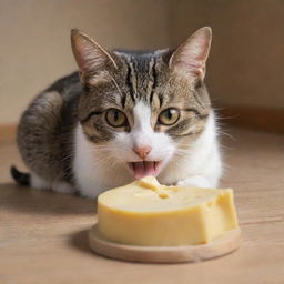 A humorously depicted scene of a cat eating cheese while a tiny mouse carefully touches the cat's eye.