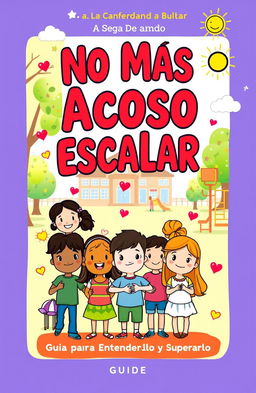 A colorful and engaging illustrated guide cover with the title "No Más Acoso Escolar: Guía para Entenderlo y Superarlo" prominently displayed in bold letters