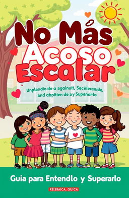 A colorful and engaging illustrated guide cover with the title "No Más Acoso Escolar: Guía para Entenderlo y Superarlo" prominently displayed in bold letters