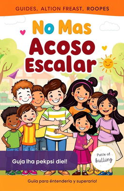 A colorful and engaging illustrated guide cover with the title "No Más Acoso Escolar: Guía para Entenderlo y Superarlo" prominently displayed in bold letters