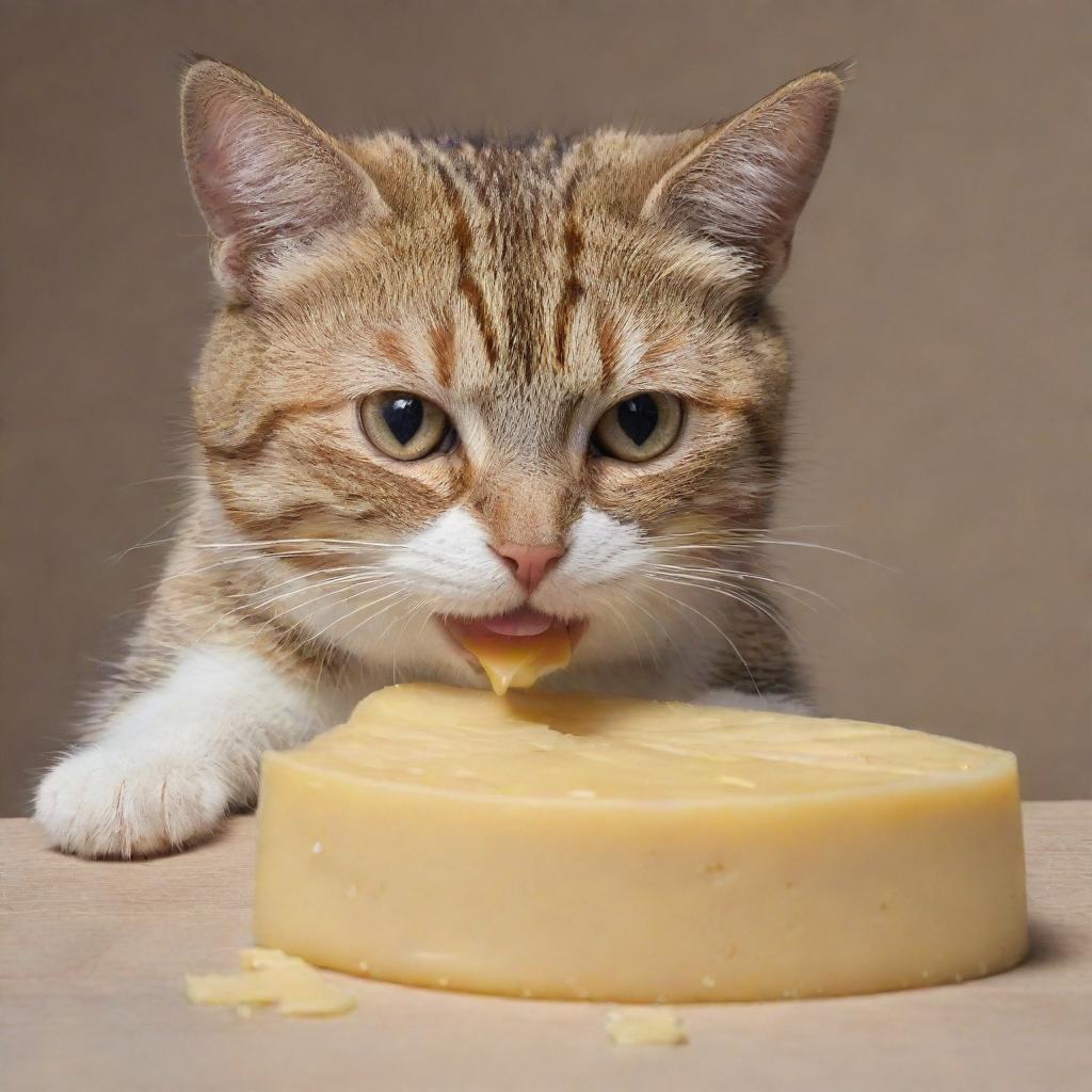 A humorously depicted scene of a cat eating cheese while a tiny mouse carefully touches the cat's eye.