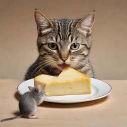 A humorously depicted scene of a cat eating cheese while a tiny mouse carefully touches the cat's eye.