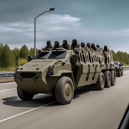 One state-of-the-art armored military vehicle forging ahead on a freeway, followed by twelve kidnappers decked in skeleton face masks and normal bullet-proof vests.