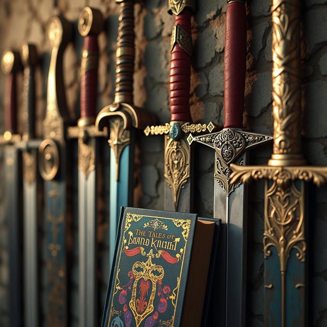 A stunning close-up image of a wall adorned with a diverse collection of swords, each showcasing intricate and detailed pommels, featuring various designs including ornate carvings, floral patterns, and historical motifs