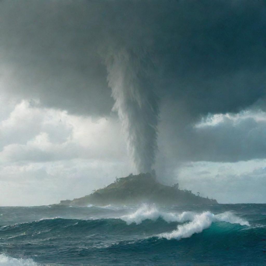 To the villagers' horror, a water-spout tornado reveals itself in the heart of the sea. Those on the shore react with renewed panic, running helter-skelter.