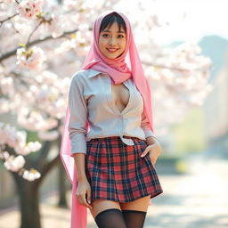 A young Japanese woman, approximately 18 years old, elegantly dressed in a schoolgirl outfit featuring a short plaid skirt and long sagging stockings