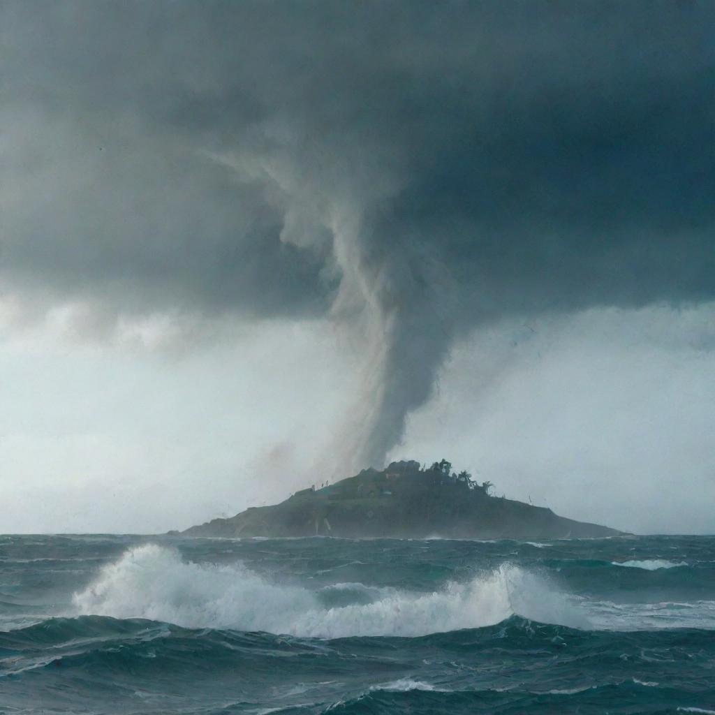 To the villagers' horror, a water-spout tornado reveals itself in the heart of the sea. Those on the shore react with renewed panic, running helter-skelter.