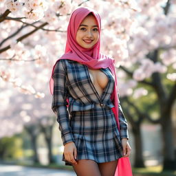 A young Japanese woman, approximately 18 years old, elegantly dressed in a schoolgirl outfit featuring a short plaid skirt and long sagging stockings
