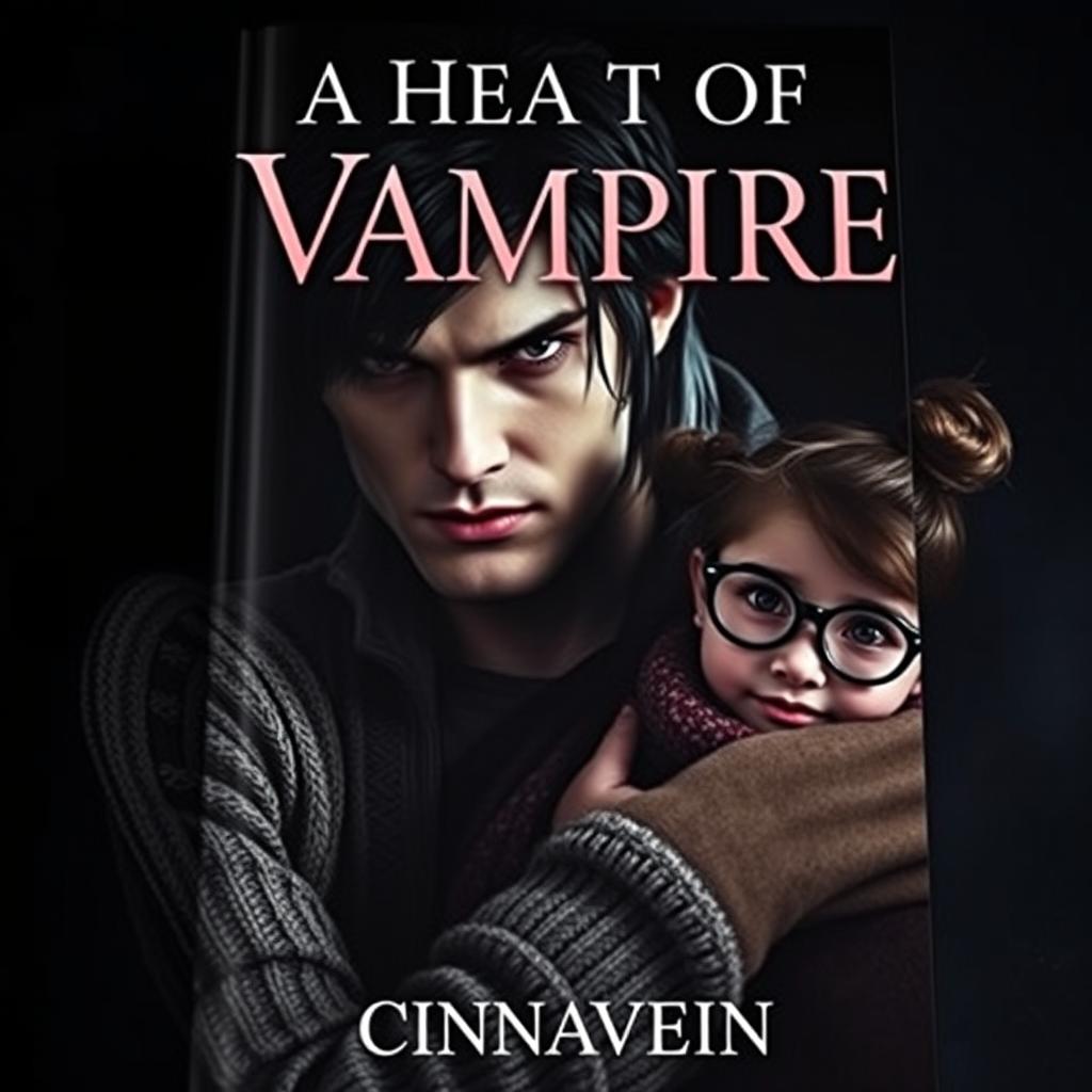 A captivating book cover featuring a dark romance scene between a beautiful male vampire, showcasing a strong jawline and middle-length hair, reminiscent of a warrior