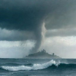 To the villagers' horror, a water-spout tornado reveals itself in the heart of the sea. Those on the shore react with renewed panic, running helter-skelter.