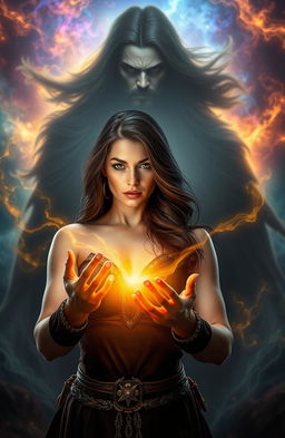A mystical scene featuring a powerful brunette woman, confidently holding glowing golden light in her hands