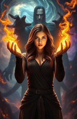 A mystical scene featuring a powerful brunette woman, confidently holding glowing golden light in her hands