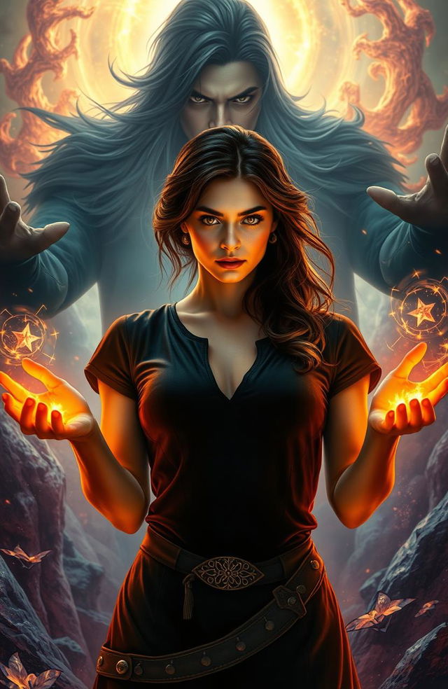 A mystical scene featuring a powerful brunette woman, confidently holding glowing golden light in her hands