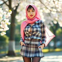 A young Japanese woman, approximately 18 years old, dressed in a stylish schoolgirl outfit featuring a short plaid skirt and long sagging stockings