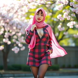 A young Japanese woman, approximately 18 years old, dressed in a stylish schoolgirl outfit featuring a short plaid skirt and long sagging stockings