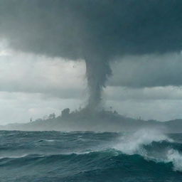 To the villagers' horror, a water-spout tornado reveals itself in the heart of the sea. Those on the shore react with renewed panic, running helter-skelter.